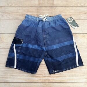 Quad Seven Boys Blue Striped Swim Trunks Board Short With pockets Size 8/10